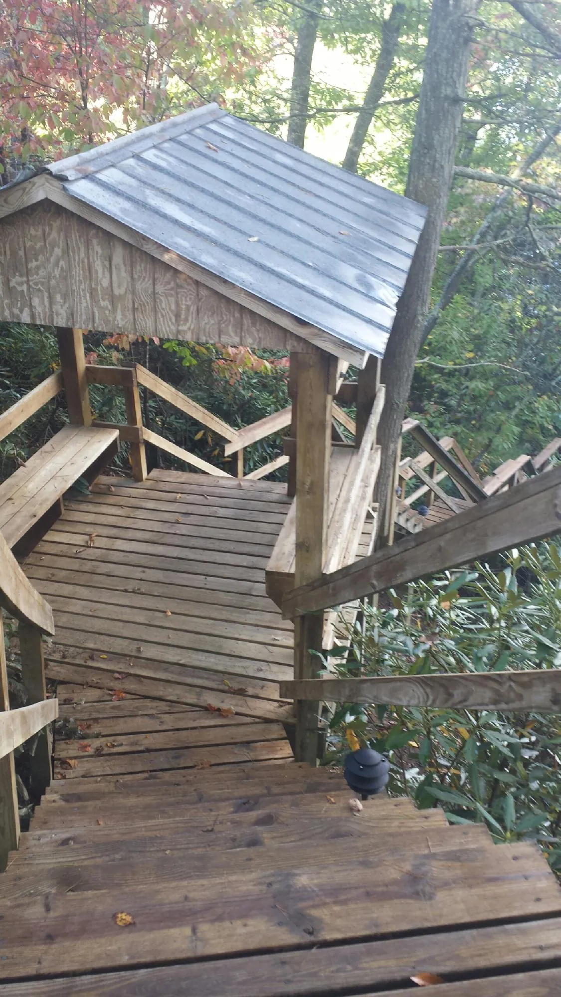 Metal roofed shelter over wooden steps on a wooded walkway — Skylight Repair & Installation work by our crew in Mobile